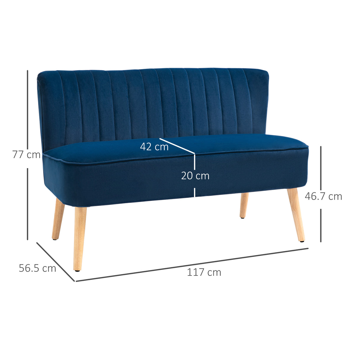 Modern Double Seat Sofa Foam Padding High Back Soft Comfortable Compact Couch Home Office Dark Blue