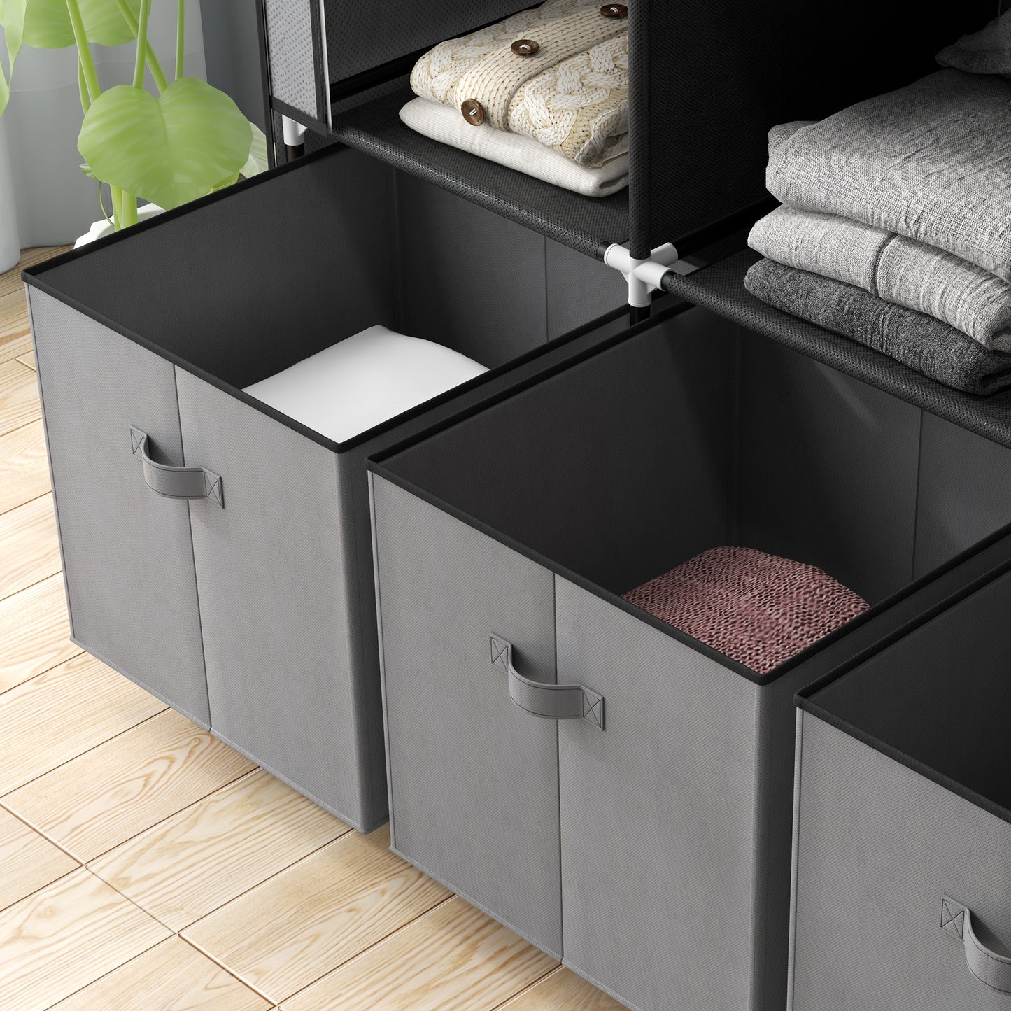 Foldable Fabric Wardrobe for Bedroom, Portable Wardrobe with 5 Shelves, 2 Hanging Rails and 3 Fabric Drawers, Dark Grey