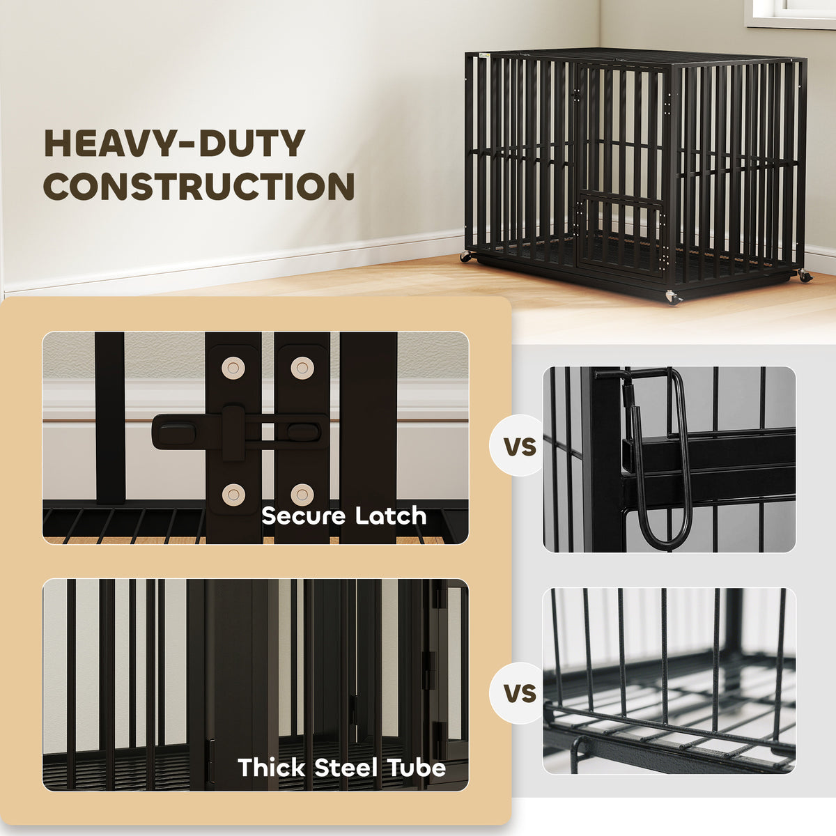 PawHut Heavy Duty Dog Crate, Dog Cage with Wheels for Medium Large Breeds with Removable Tray, Black