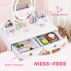 AIYAPLAY Kids Vanity Table and Chair Set with 3-Colour LED Lights Mirror, Drawer, Storage Boxes, for 3+ Years, White