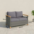 Outsunny 2 Seater Rattan Garden Sofa, Outdoor Sofa with Thickened Cushions and Acacia Wood Armrests, Dark Grey