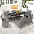 Outsunny 7-Piece Rattan Garden Furniture Set with Cushions, 6 Seater Garden Table and Chairs, Rattan Dining Set with 6 Armchairs, Rectangular Glass Top Table, Charcoal Grey