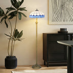 Tiffany-Style Floor Lamp with Handcrafted Stained Glass Shade, 152cm Tall Vintage Standing Lamp with Foot Switch and Dual Sockets for Living Room Bedroom, Bronze Tone and Blue