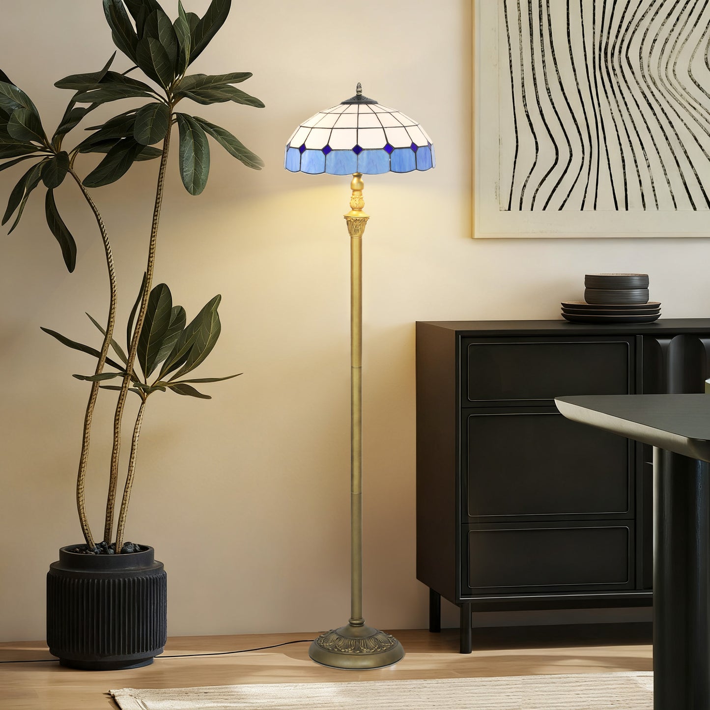 Tiffany-Style Floor Lamp with Handcrafted Stained Glass Shade, 152cm Tall Vintage Standing Lamp with Foot Switch and Dual Sockets for Living Room Bedroom, Bronze Tone and Blue