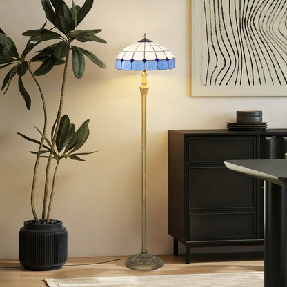 Tiffany-Style Floor Lamp with Handcrafted Stained Glass Shade, 152cm Tall Vintage Standing Lamp with Foot Switch and Dual Sockets for Living Room Bedroom, Bronze Tone and Blue