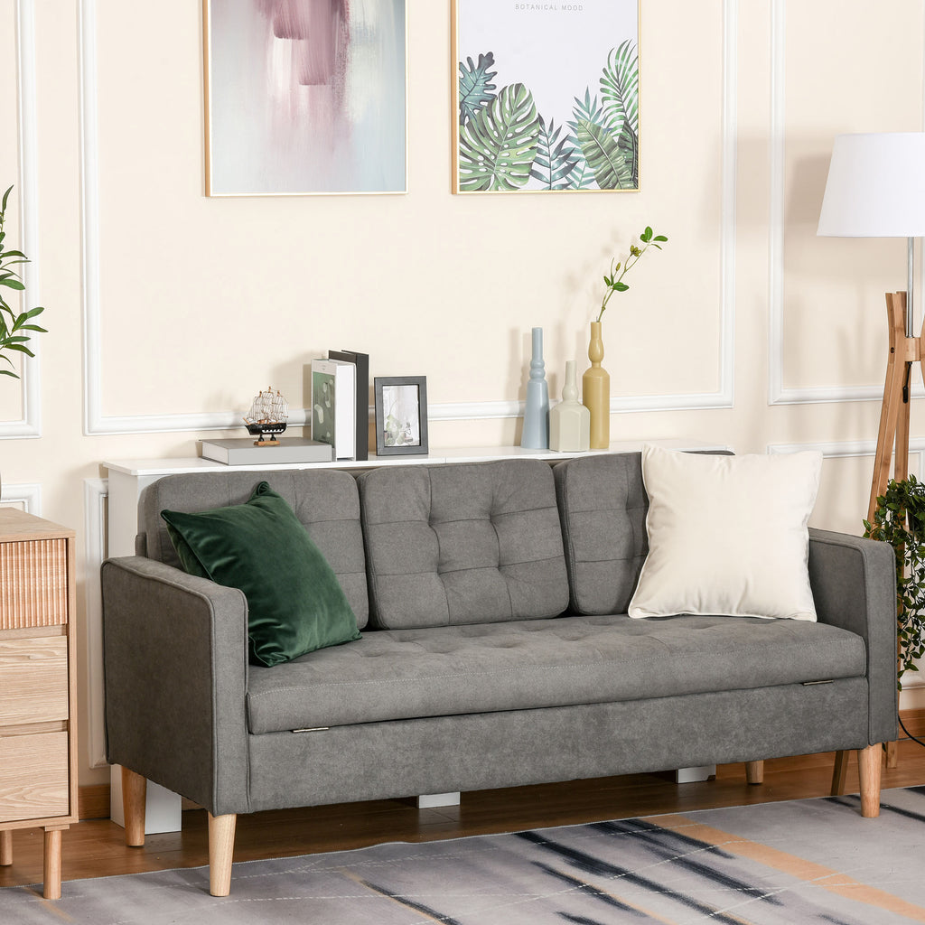 HOMCOM 3 Seater Storage Sofa, Fabric Couch with Hidden Under Seat Storage, Thick Cushions, Compact Space Saving Settee with Rubberwood Legs for Living Room, Apartment, Grey