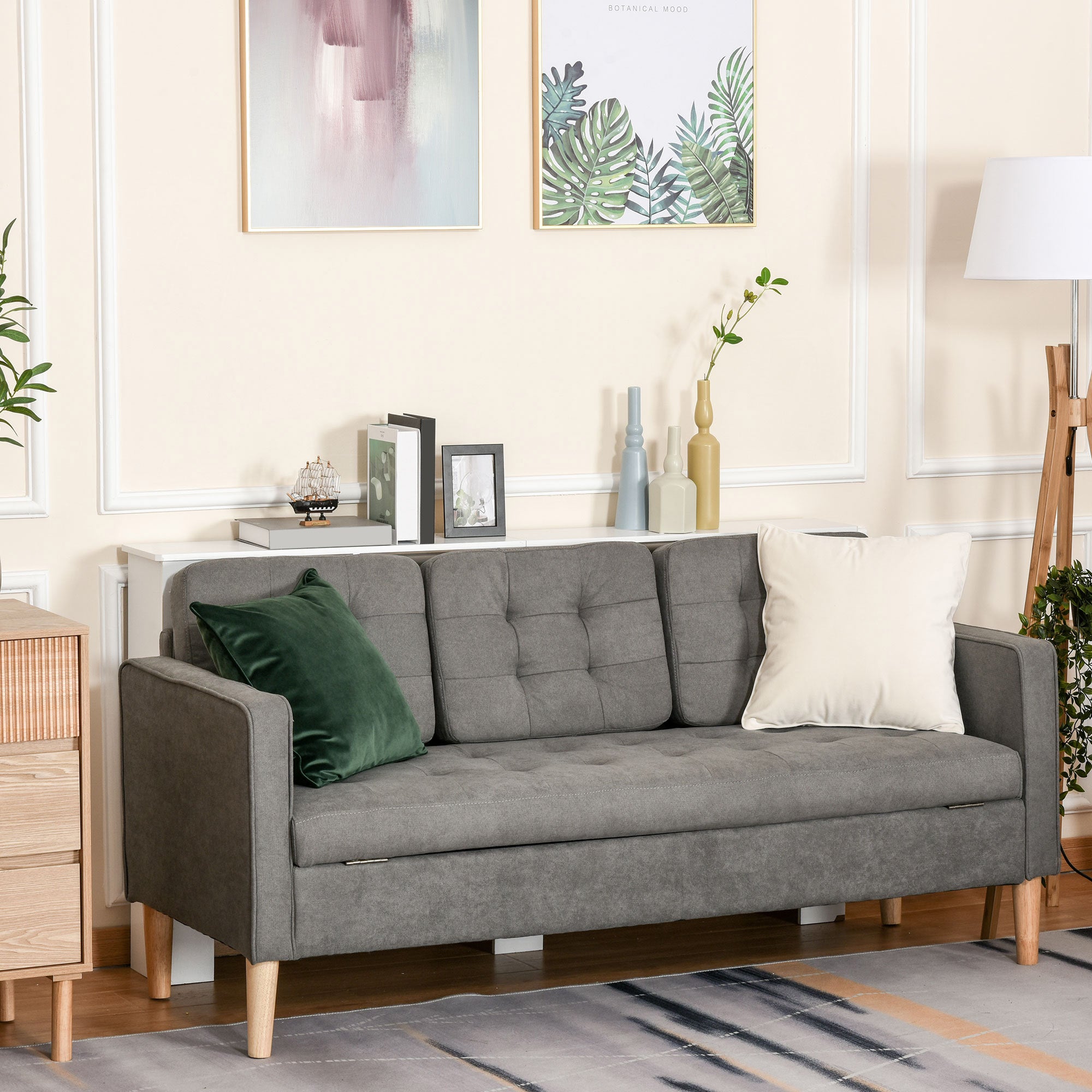 HOMCOM 3 Seater Storage Sofa, Fabric Couch with Hidden Under Seat Storage, Thick Cushions, Compact Space Saving Settee with Rubberwood Legs for Living Room, Apartment, Grey