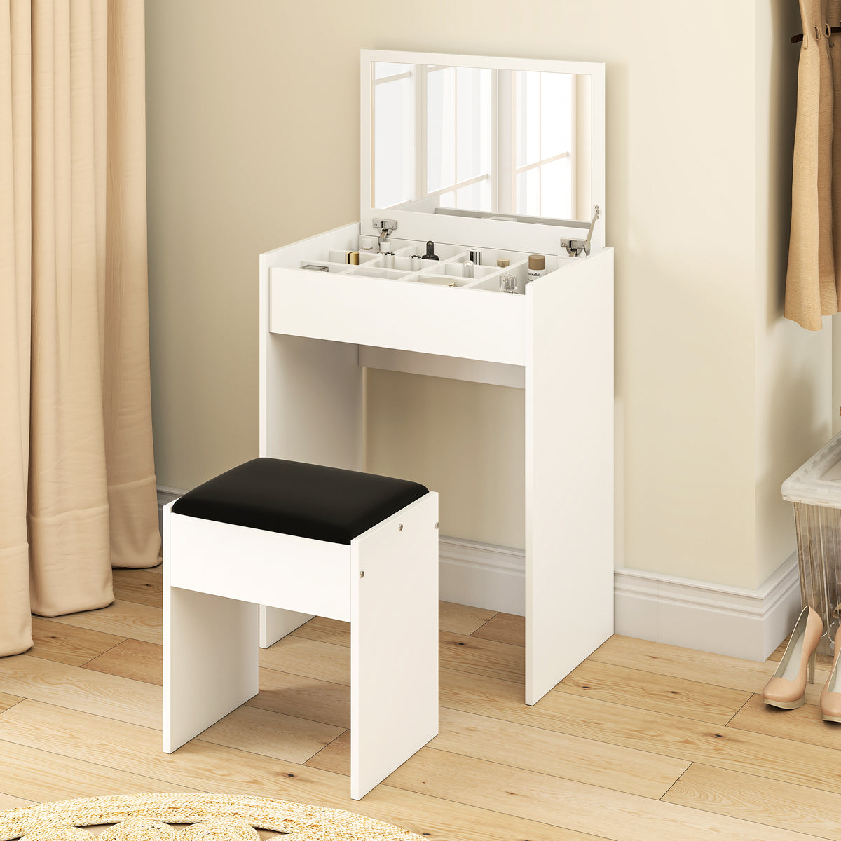 Dressing Table with Mirror and Stool, Vanity Makeup Table with Flip Up Mirror, Vanity Desk with Storage Unit and Padded Seat, White