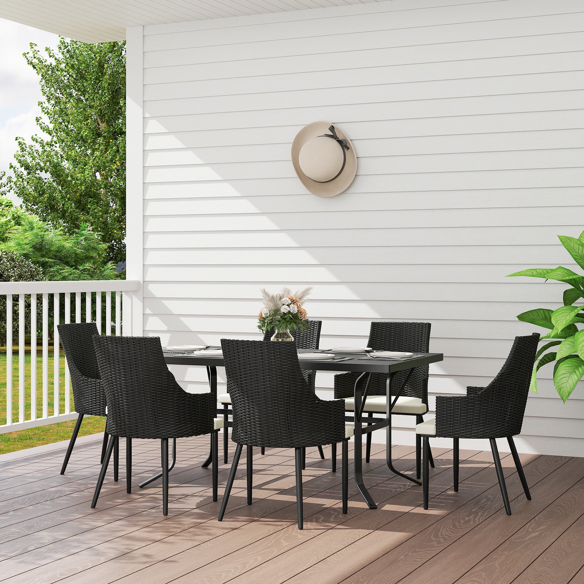 Outsunny 6 Seater Rattan Dining Set with Cushions, Garden Furniture Set with Armchairs, Rectangle Slatted Table Top, Steel Frame, Parasol Hole, Wicker Outdoor Furniture for Patio, Balcony, Cream White