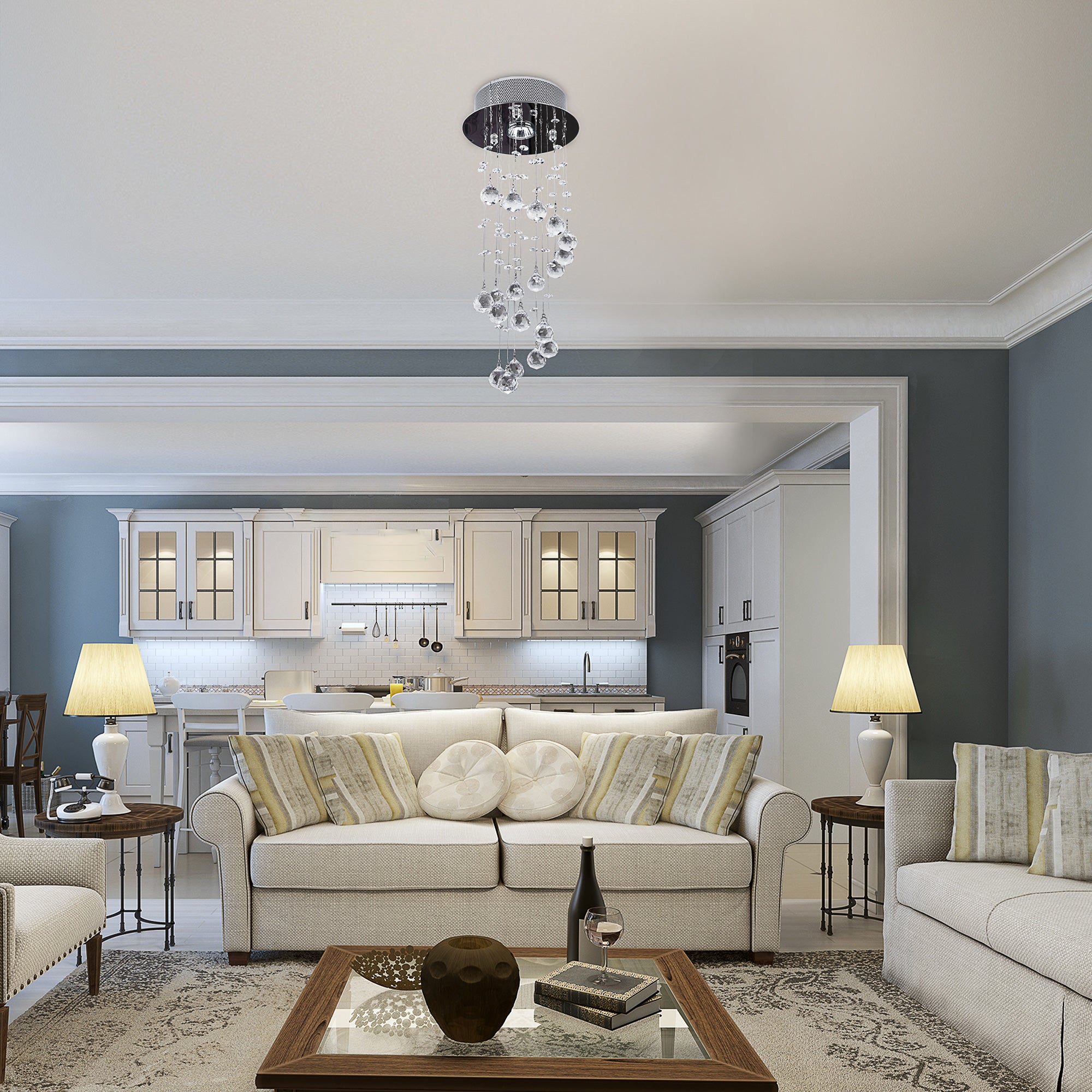 Metal Crystal Ceiling Light Chandelier Elegant Pendant Lamp Living Room Stairway Spiral Rain Drop Pendant Lamp Silver