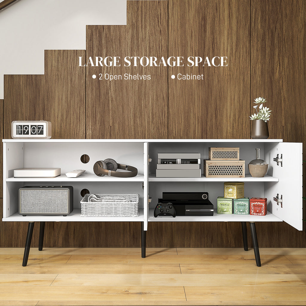 TV Stand with Cupboard, Open Shelves, Striped Doors, Wooden legs, White