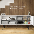 TV Stand with Cupboard, Open Shelves, Striped Doors, Wooden legs, White