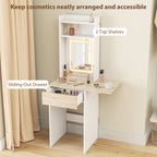 HOMCOM Small Vanity Desk with Mirror and LED Lights, Compact Dressing Table with Drop Leaf, Open Shelves and Drawer, White