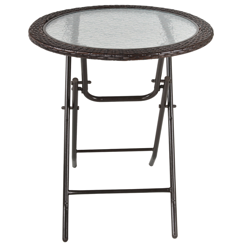Outsunny Folding Rattan Garden Dining Table, 68 cm Round Rattan Garden Table with Water Ripple Tempered Glass Top, Wicker Edging  and Steel Frame for Outdoor, Patio, Brown