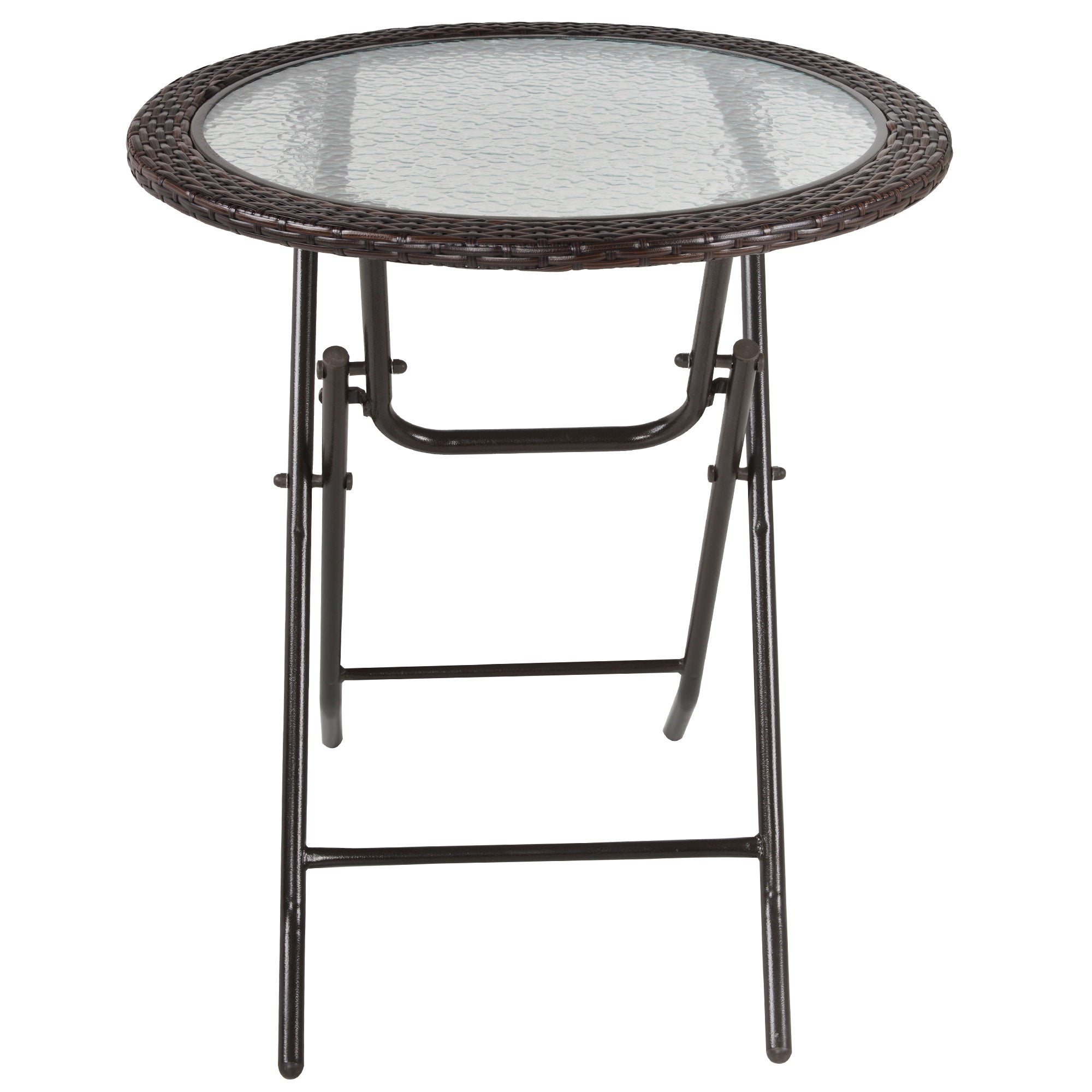 Outsunny Folding Rattan Garden Dining Table, 68 cm Round Rattan Garden Table with Water Ripple Tempered Glass Top, Wicker Edging  and Steel Frame for Outdoor, Patio, Brown