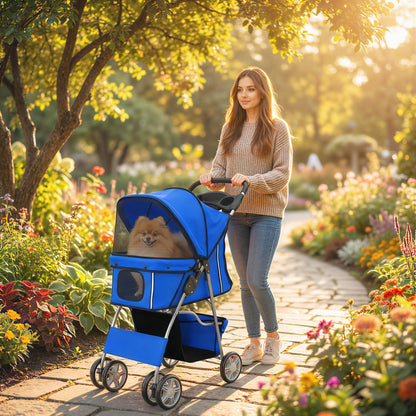 PawHut Dog Pram, Pet Stroller with Reflective Strips, Foldable Cat Stroller with 360° Swivel Wheels, Blue