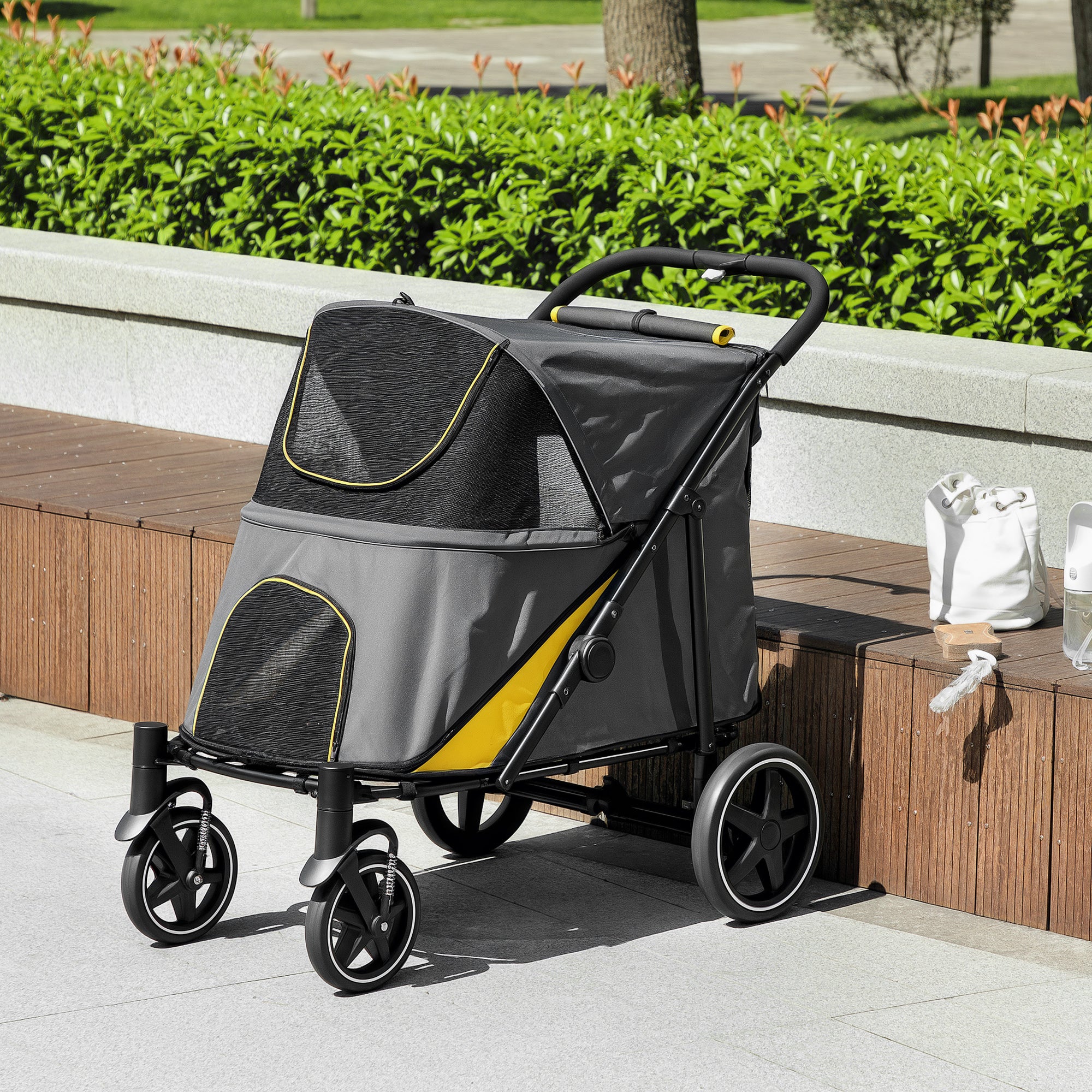 PawHut Foldable Pet Stroller, with Universal Wheels, Shock Absorber, for Medium and Large Dogs - Grey