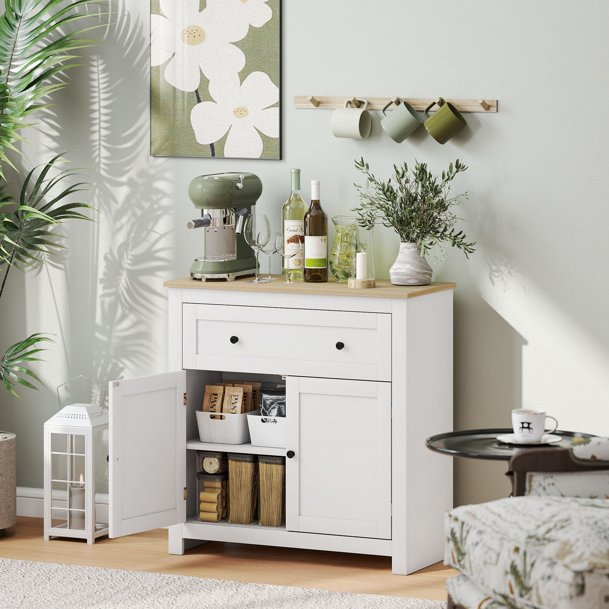 Sideboard Storage Cabinet, Morden Kitchen Cupboard with Adjustable Shelf, Drawer and Double Doors, Sideboard for Living Room, Dining Room, Hallway, White