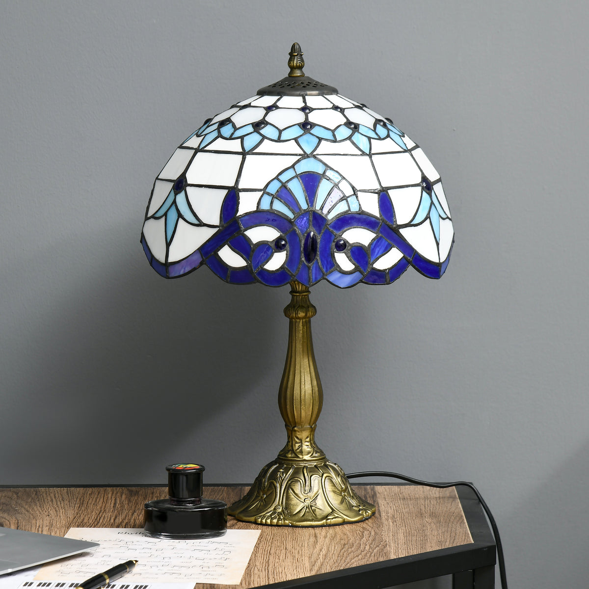 Tiffany Stained Glass Table Lamp, Handmade Antique Bedside Lamp for Bedroom, Living room, Home, Nightstand, Decorative Night Light, Blue