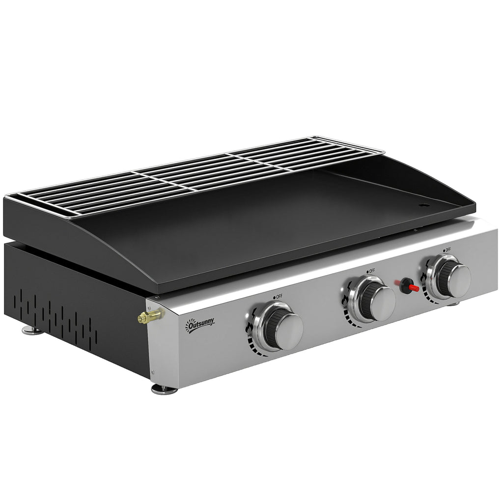 Outsunny 3 Burner Grill Griddle, Portable Gas Plancha with Warming Rack, 7.5 kW, Tabletop Gas BBQ with Grease Cup, Black
