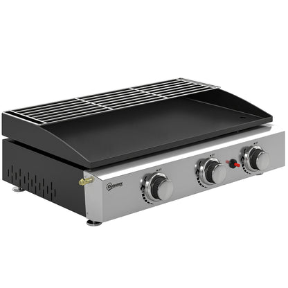 Outsunny 3 Burner Grill Griddle, Portable Gas Plancha with Warming Rack, 7.5 kW, Tabletop Gas BBQ with Grease Cup, Black
