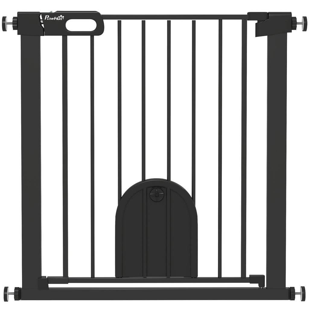 PawHut Dog Gate with Cat Flap Pet Safety Gate Barrier, Stair Pressure Fit, Auto Close, Double Locking, 75-82 cm Black