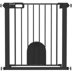 PawHut Dog Gate with Cat Flap Pet Safety Gate Barrier, Stair Pressure Fit, Auto Close, Double Locking, 75-82 cm Black