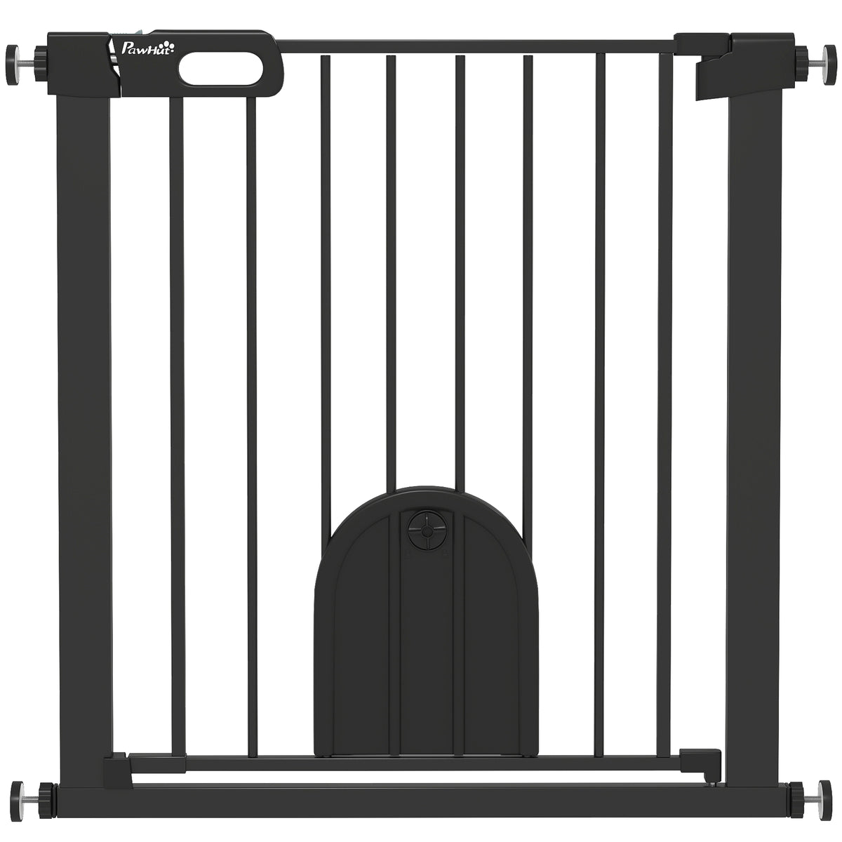 PawHut Dog Gate with Cat Flap Pet Safety Gate Barrier, Stair Pressure Fit, Auto Close, Double Locking, 75-82 cm Black