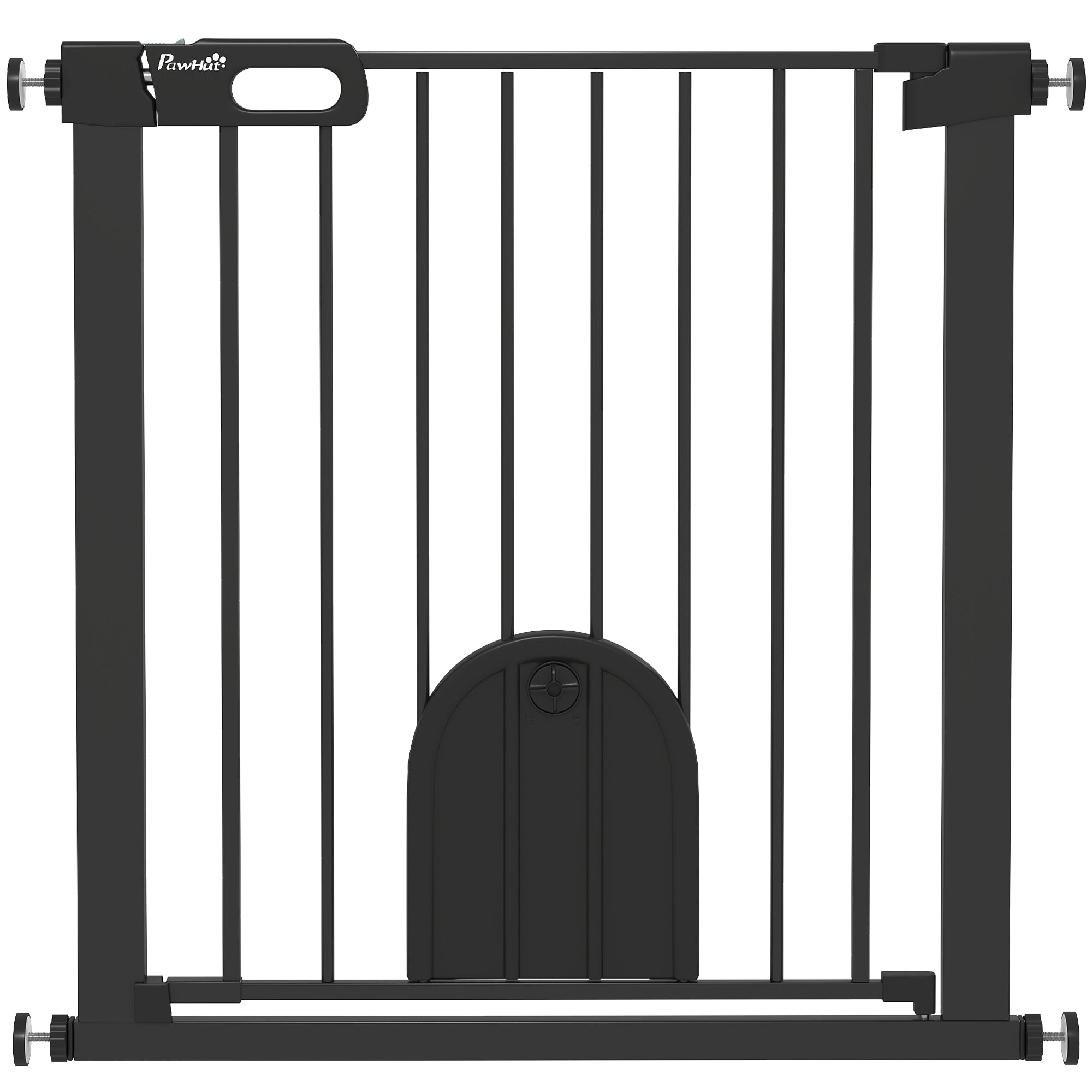 PawHut Dog Gate with Cat Flap Pet Safety Gate Barrier, Stair Pressure Fit, Auto Close, Double Locking, 75-82 cm Black