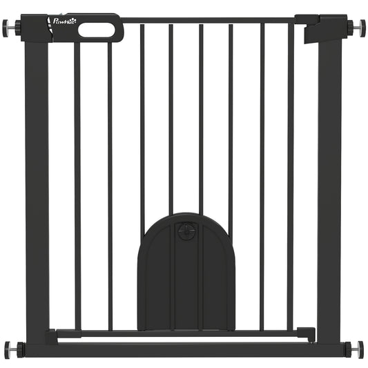 PawHut Dog Gate with Cat Flap Pet Safety Gate Barrier, Stair Pressure Fit, Auto Close, Double Locking, 75-82 cm Black