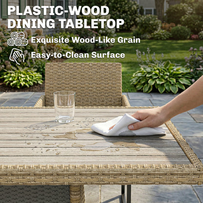 Outsunny 7 Piece Rattan Garden Furniture Set, Garden Dining Set with Wood-Plastic Table and 6 Stackable Chairs, Dark Grey