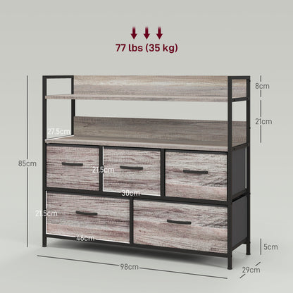 Rustic Chest of Five Fabric Drawers - Grey Wood Effect
