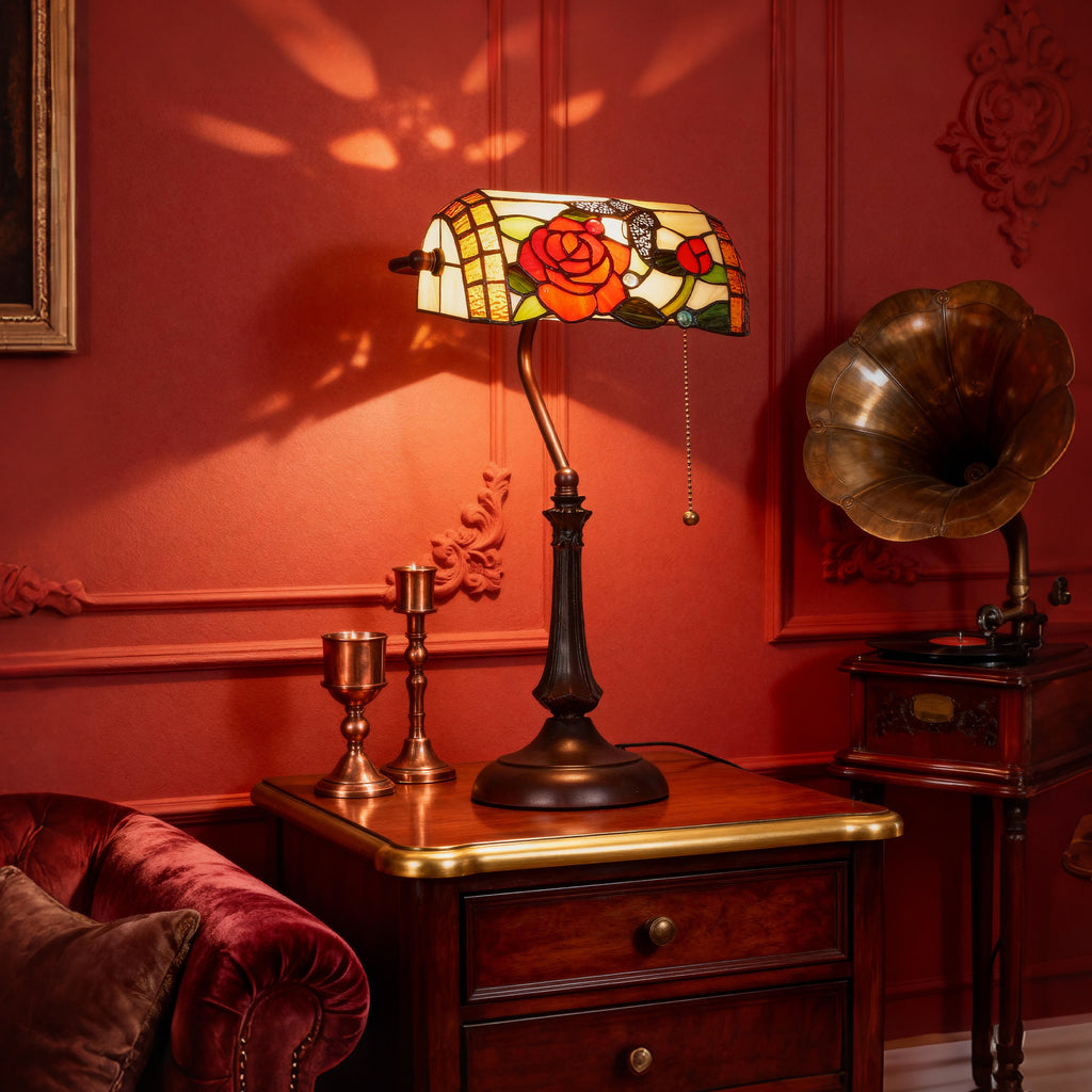 Tiffany-Style Rose and Butterfly Table Lamp - Multi