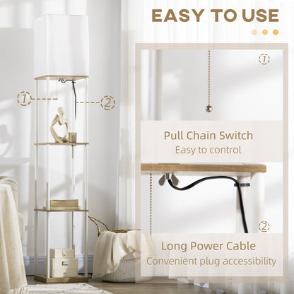 Modern Metal Floor Lamp with Shelves, 3 Layer Shelf Tall Standing Lamp with Fabric Lampshade, Pull Chain Switch for Living Room, Bedroom, Bulb not Included, White