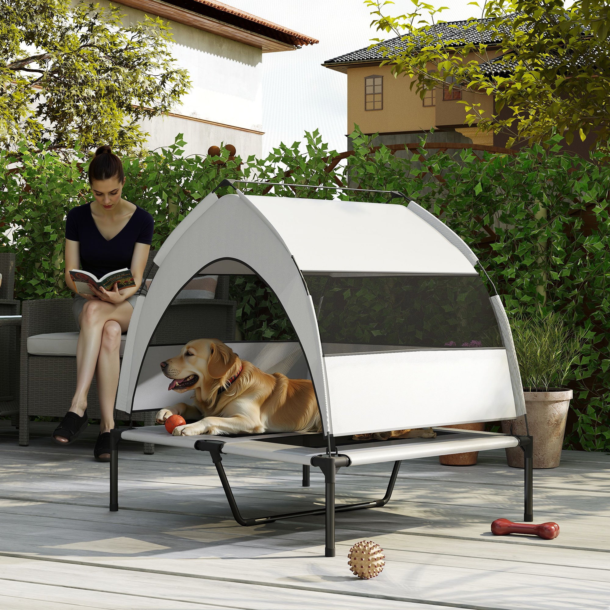 PawHut Portable Elevated Dog Bed with Removable Canopy, Cooling Raised Pet Cot for Medium Large Dogs, 92 x 75 x 85 cm