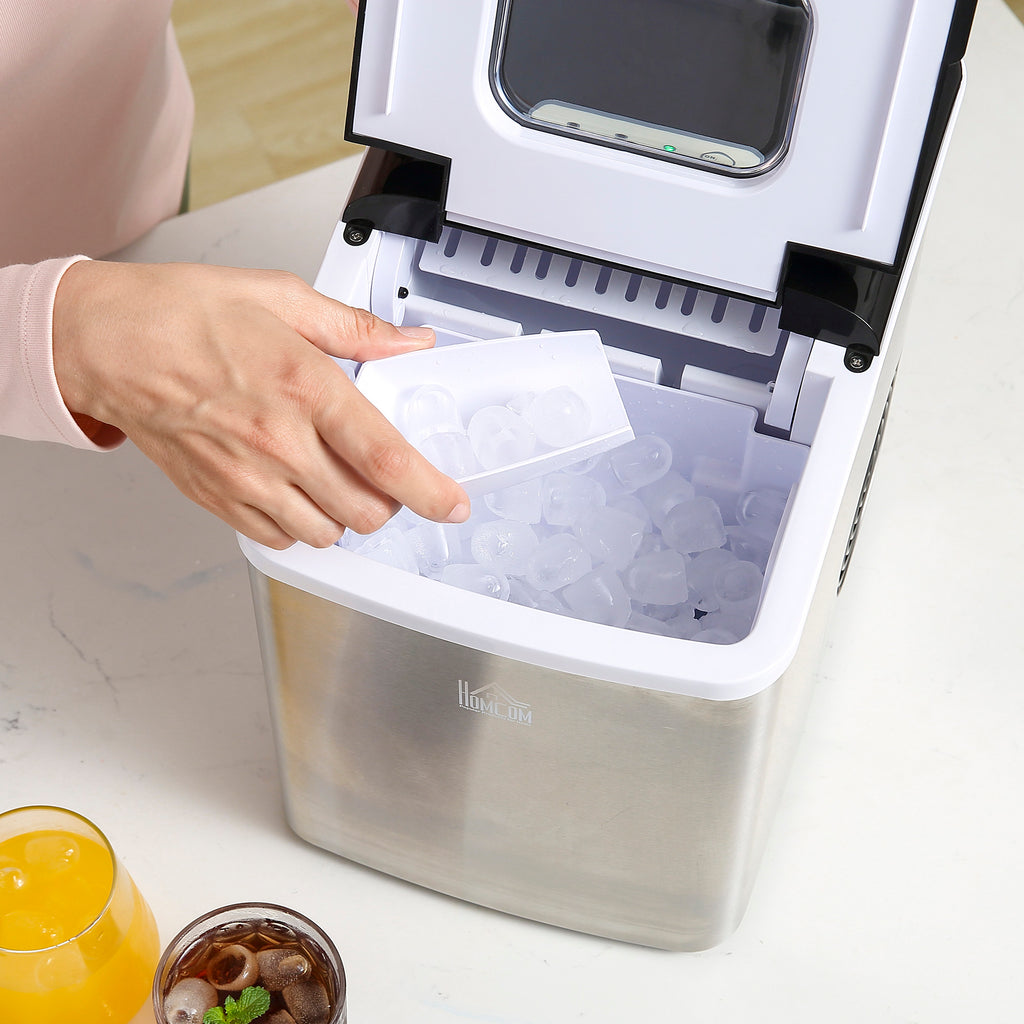Ice Maker Machine Countertop, 9 Ice Cubes in 8 Mins, 12KG in 24Hrs, Self-Cleaning Portable Ice Cube Maker w/ Adjustable Ice Size, Ice Scoop, Basket, Stainless Steel, No Plumbing Required, Black