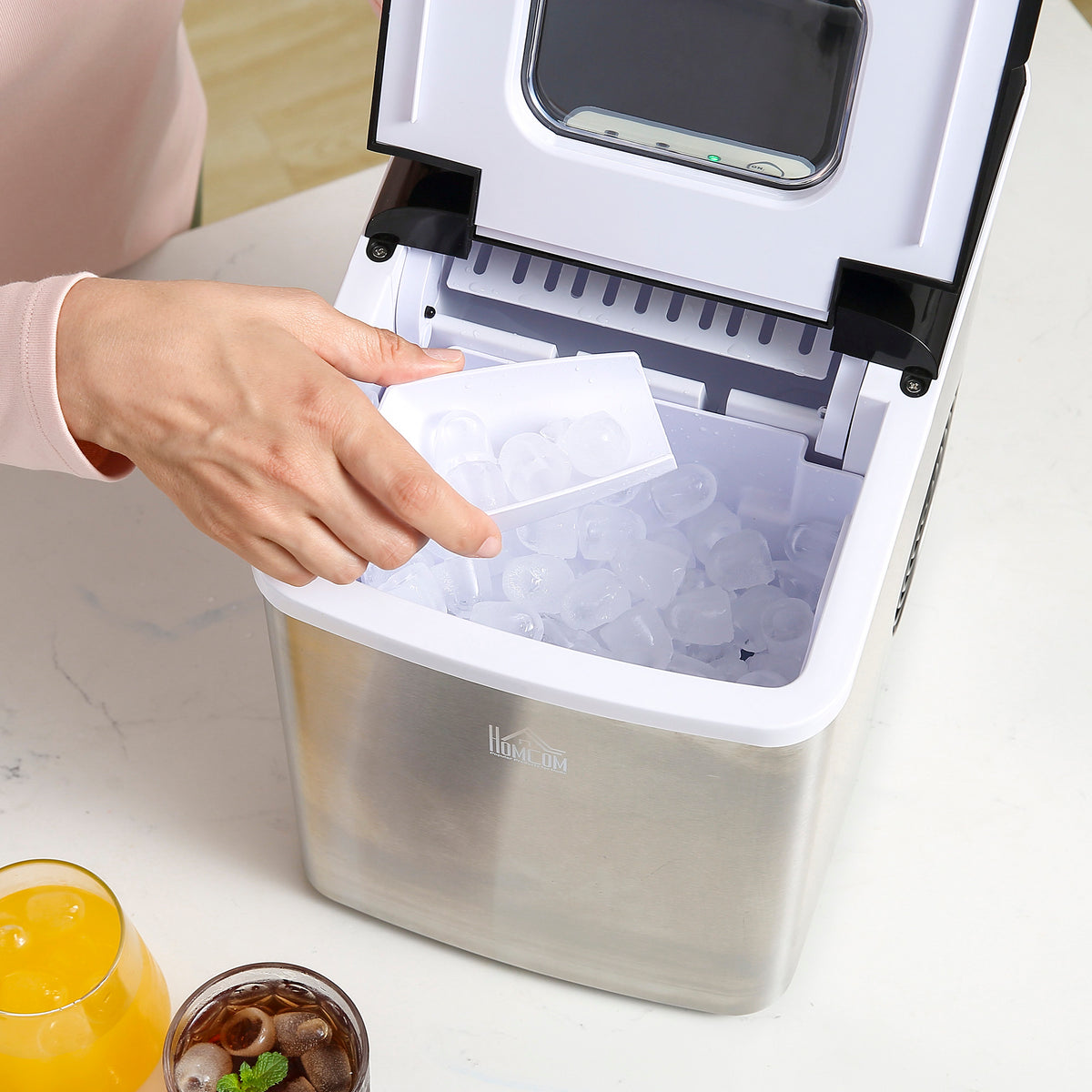 Ice Maker Machine Countertop, 9 Ice Cubes in 8 Mins, 12KG in 24Hrs, Self-Cleaning Portable Ice Cube Maker w/ Adjustable Ice Size, Ice Scoop, Basket, Stainless Steel, No Plumbing Required, Black