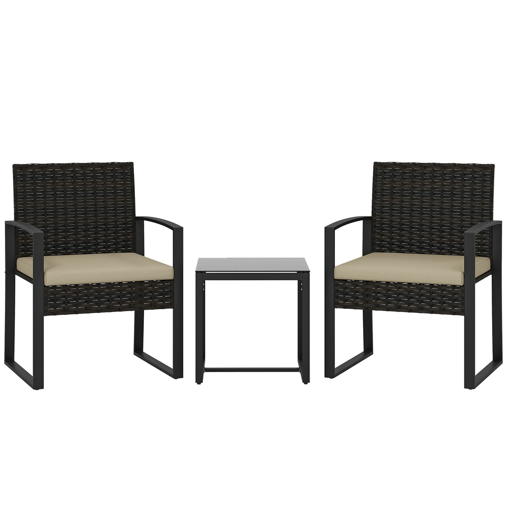 Outsunny Rattan Bistro Set, 3 Piece Garden Furniture Set with Glass Top Table and Cushions, Khaki