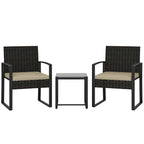 Outsunny Rattan Bistro Set, 3 Piece Garden Furniture Set with Glass Top Table and Cushions, Khaki