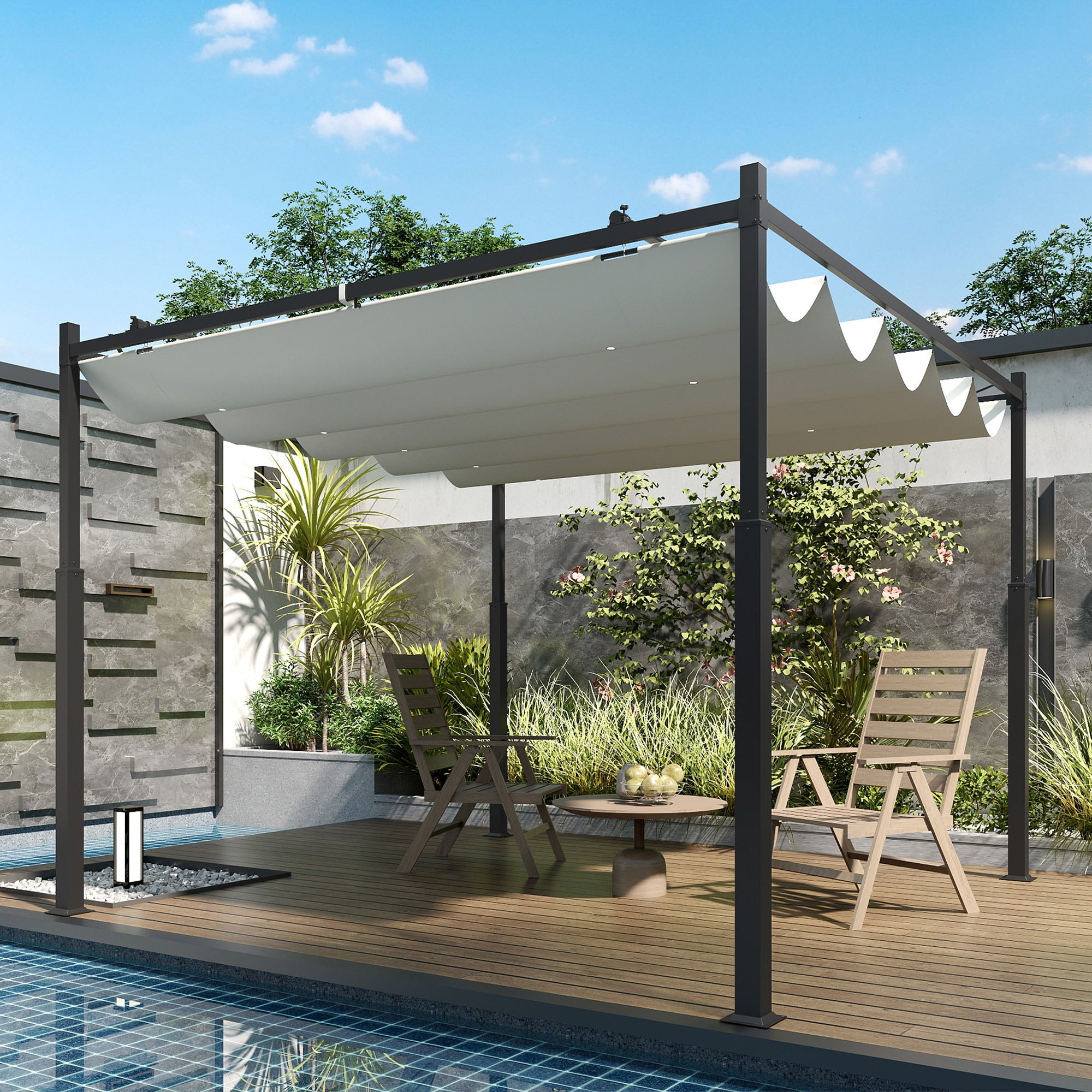 Outsunny 3 x 3(m) Metal Pergola with Retractable Roof and Magnetic Fixture, Outdoor Gazebo Garden Pergola Kit Sun Shade Canopy, UPF30+, 80mm Metal Column, Cream White