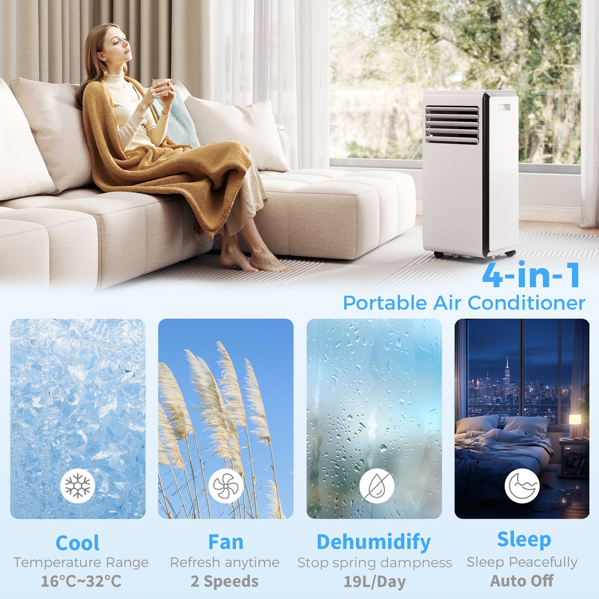 Portable Air Conditioner 7000 BTU, 4-in-1 Air Conditioning Unit with Cooling, Dehumidifier, Fan, Sleep Mode, White