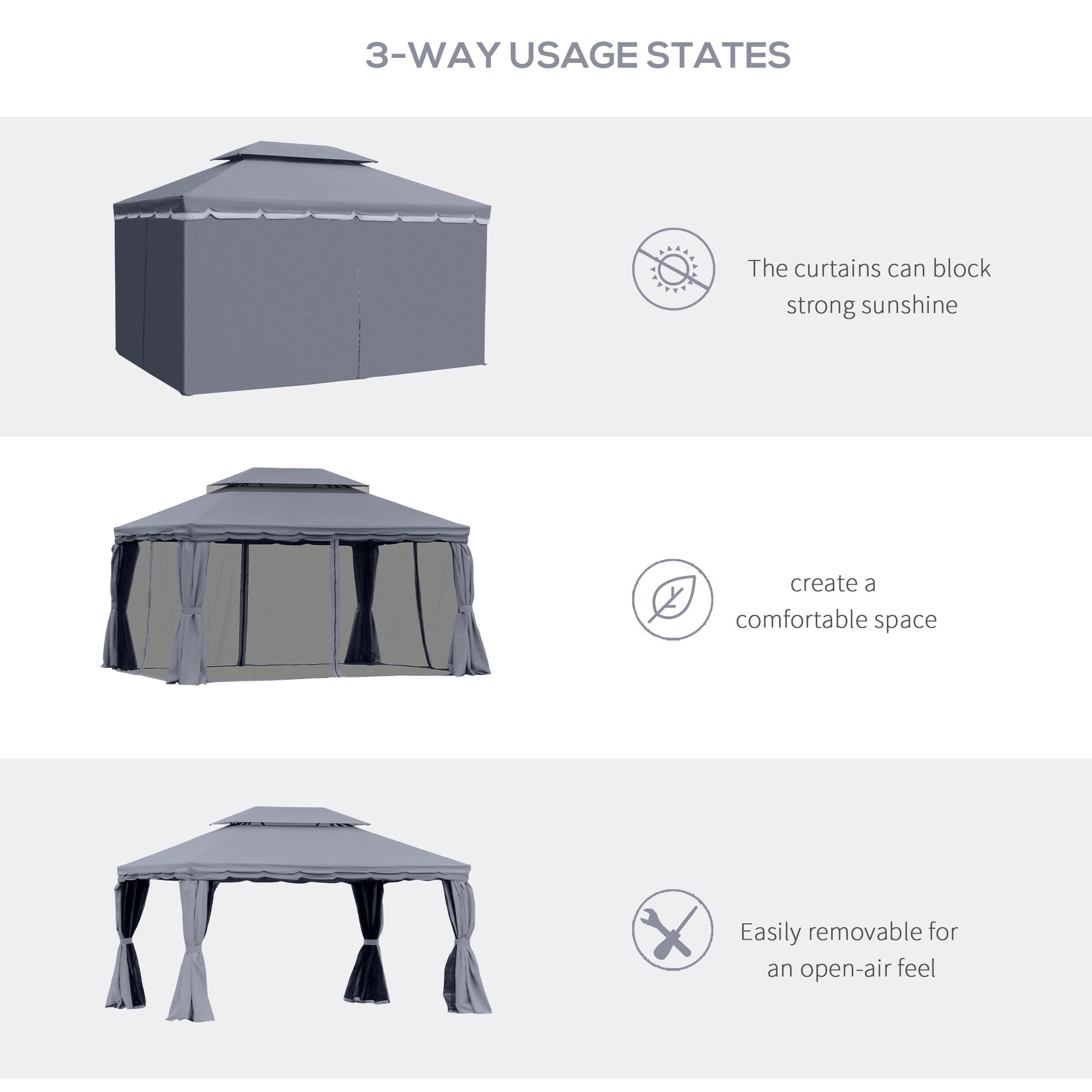 Outsunny 3 x 4m Aluminium Garden Gazebo, Marquee Canopy Shelter Pavilion Party Tent with Nets and Curtains for Garden and Deck, Dark Grey