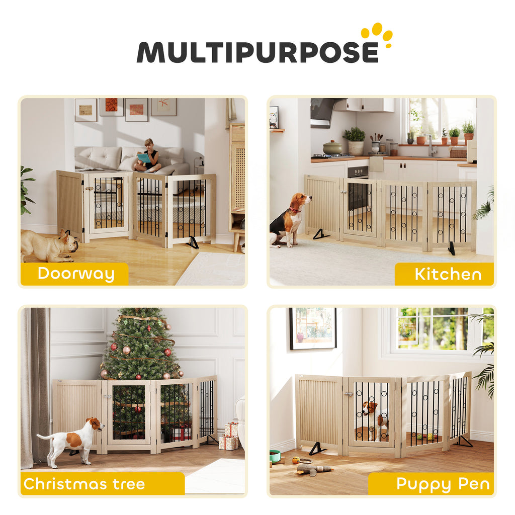 PawHut 4 Panel Freestanding Pet Gate, Indoor Dog Barrier with Lockable Door, Support Feet, 360° Flexible Hinges, Oak