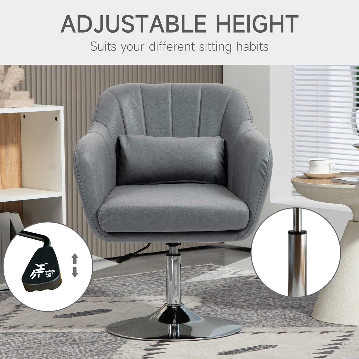 Swivel Accent Chair, Linen Fabric Tub Vanity Chair, Modern Armchair with Adjustable Height and Lumbar Support for Living Room Bedroom Salon Make up Room Dressing Table, Dark Grey