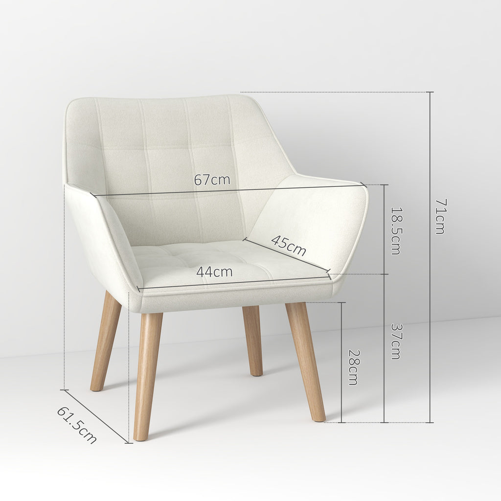 Set of 2 Accent Chair, Arm Chair with Slanted Back, Thick Padding and Rubber Wooden Legs for Living Room, Cream White