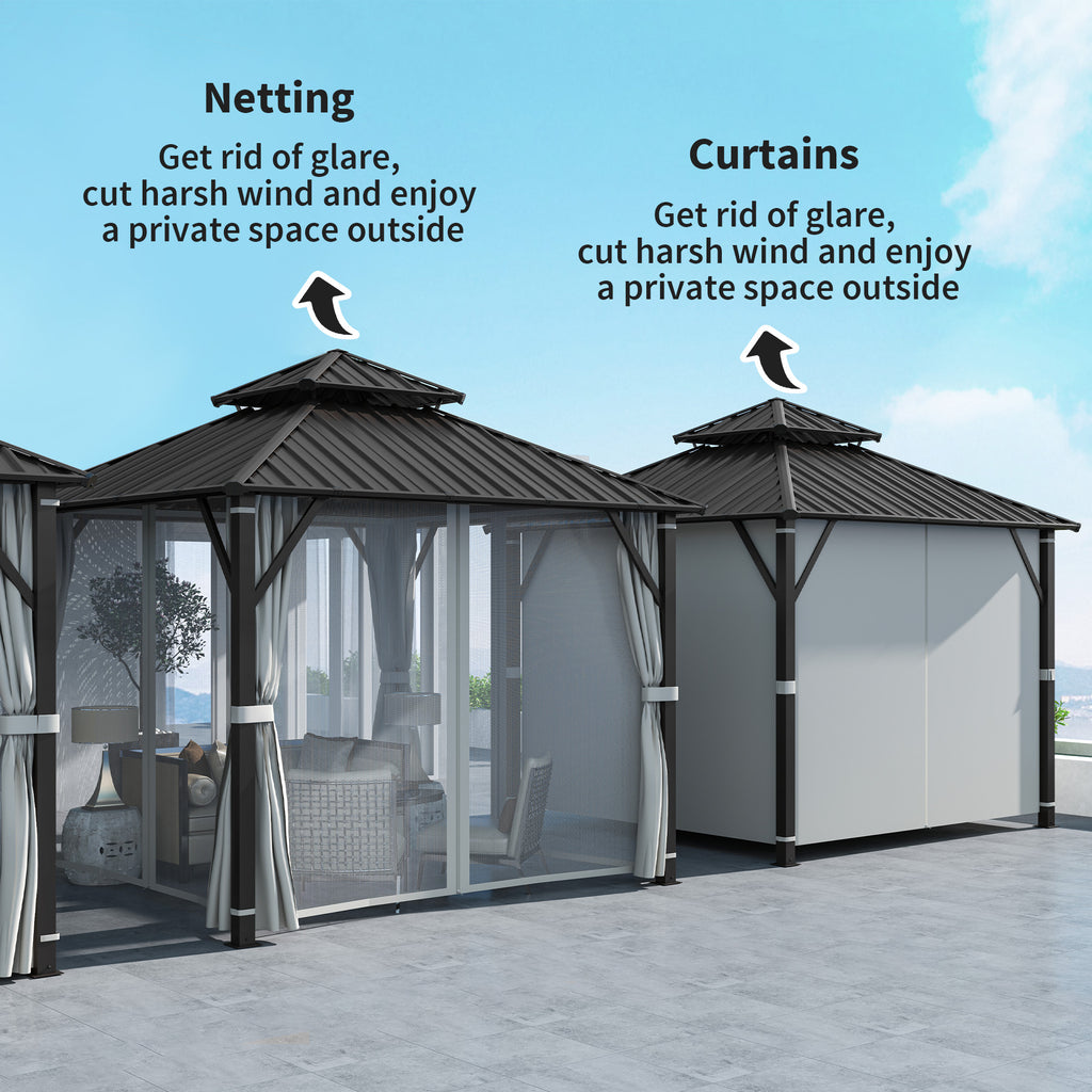 Outsunny 3 x 3(m) Hardtop Gazebo Canopy with Double Metal Roof, Waterproof Permanent Pavilion Garden Gazebo with Netting and Curtains, Easy to Assemble, Beige
