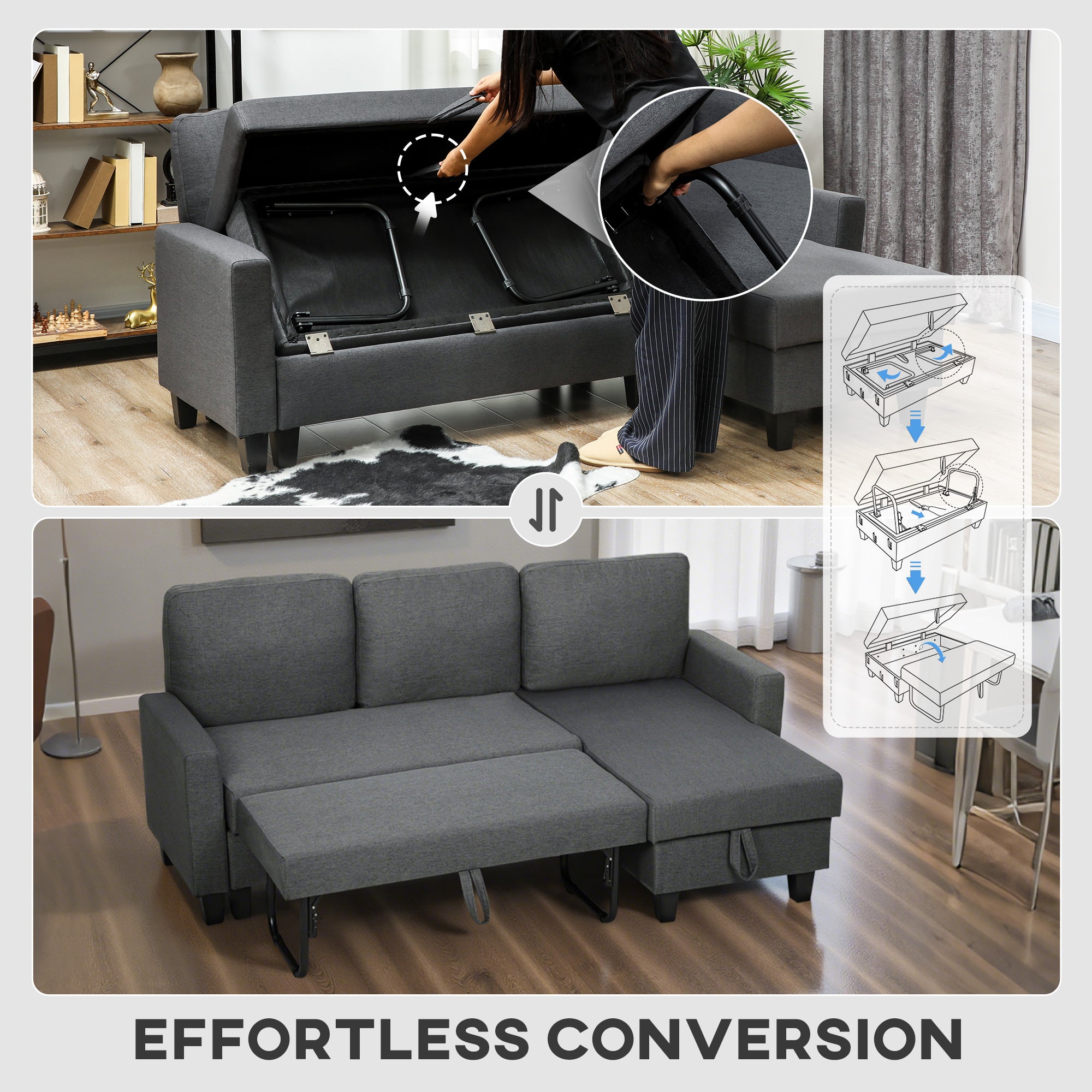 HOMCOM Three-Seater Storage Sofa Bed -  Charcoal Grey