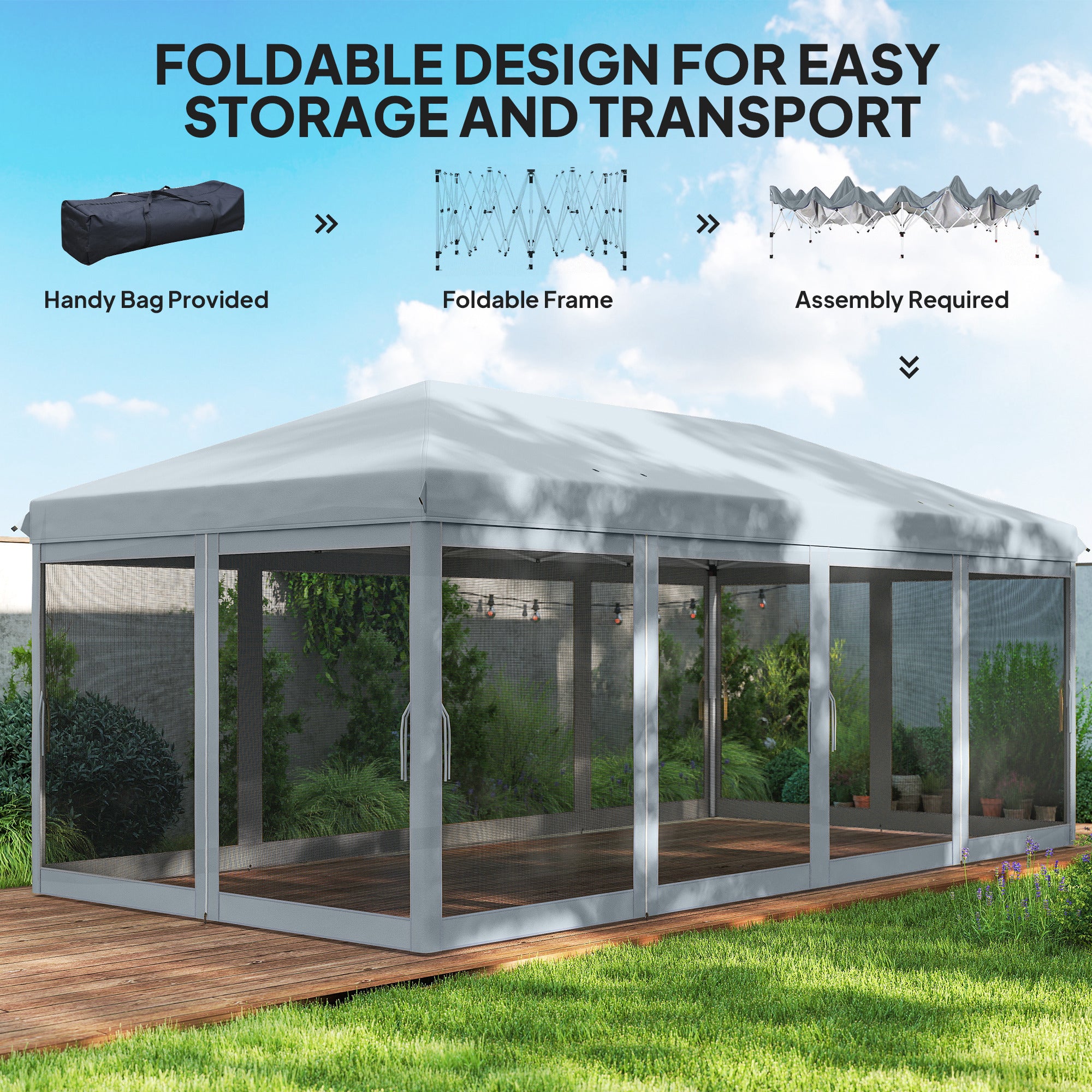 Outsunny 3 x 6m Pop Up Gazebo, Outdoor Canopy Shelter, Marquee Party Wedding Tent with 6 Mesh Walls and Carry Bag, Grey
