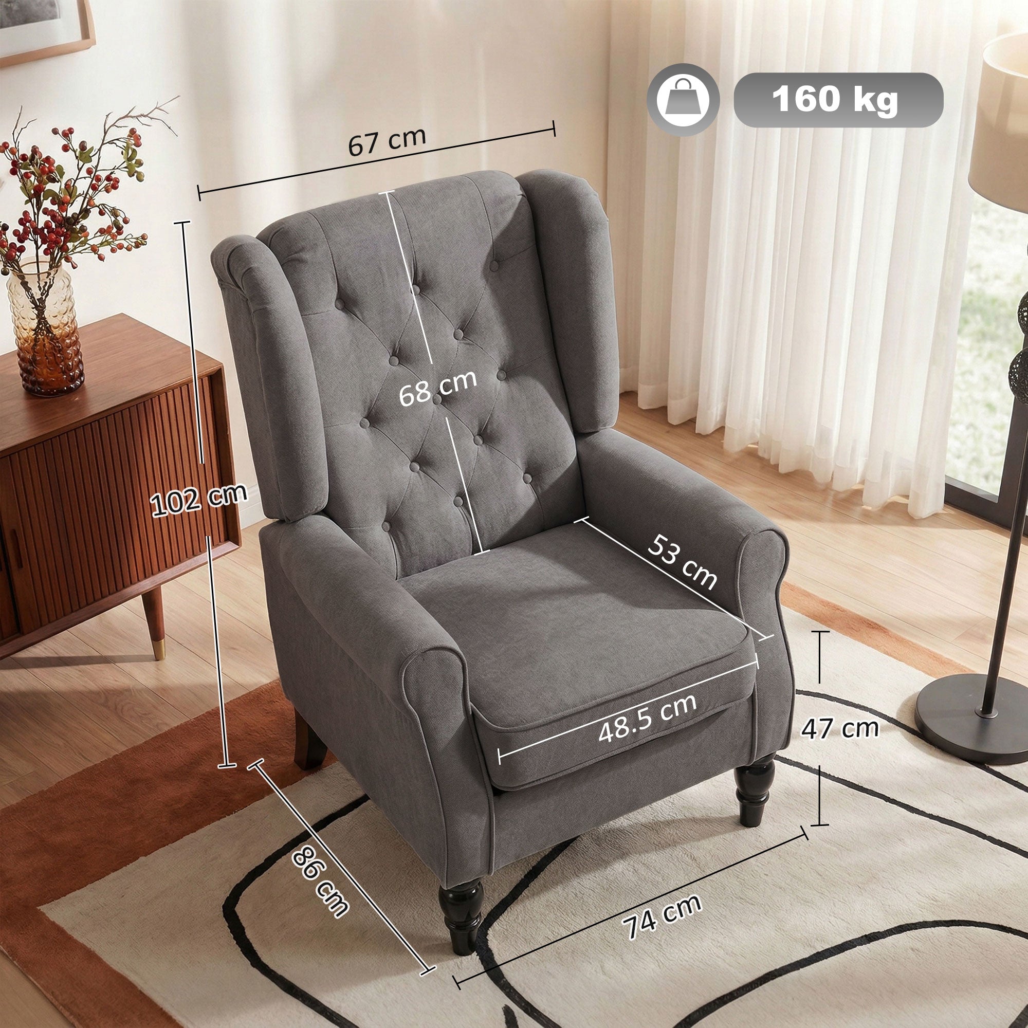 HOMCOM Wingback Accent Chair, Snow Flannel Armchair with Thick Spring Cushion, High Back, Solid Wood Legs, Retro Button Tufted Reading Chair for Living Room, Bedroom, Dark Grey