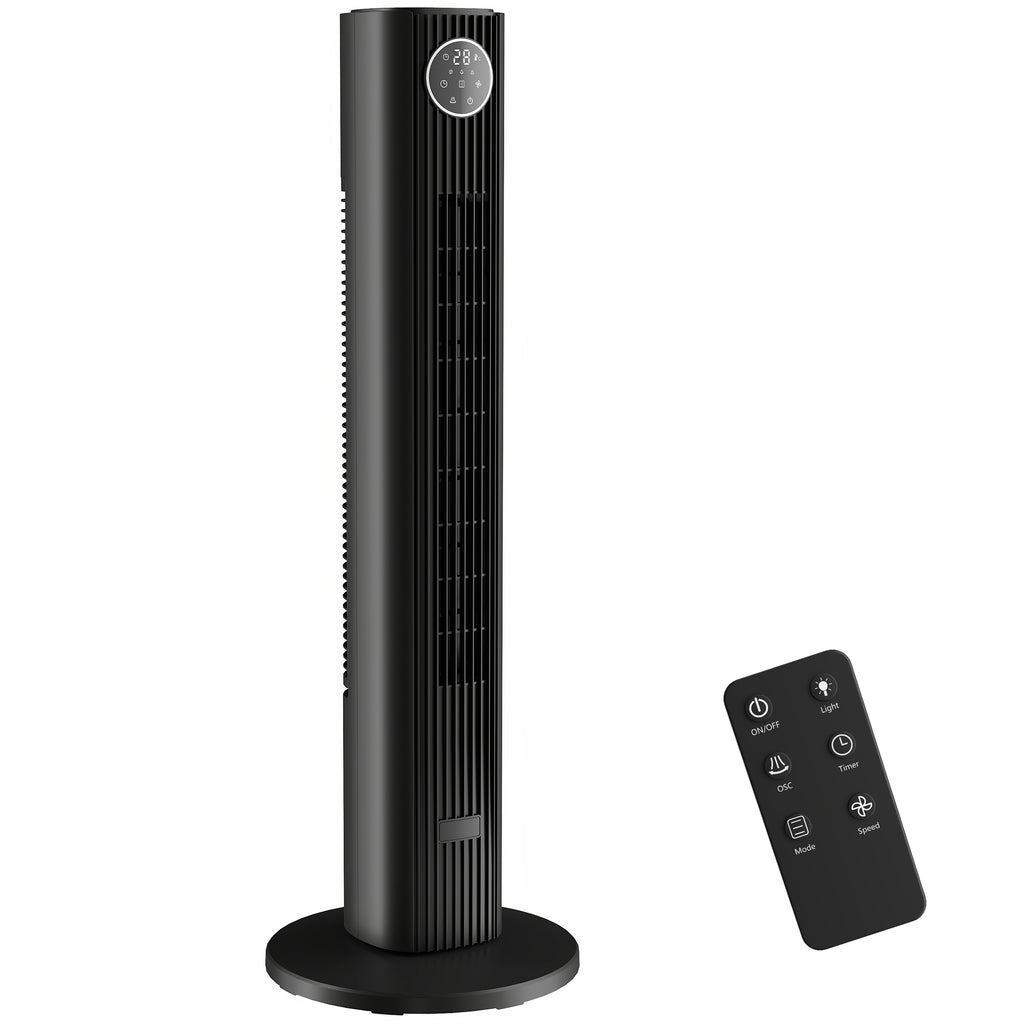 28dB Tower Fan for Bedroom, 36 inch, 8 m/s Velocity Standing Cooling Fan with 80° Oscillating, BLDC Motor, 12 Speeds, LED Display, 4 Modes, 12H Timer, Remote Control, Black